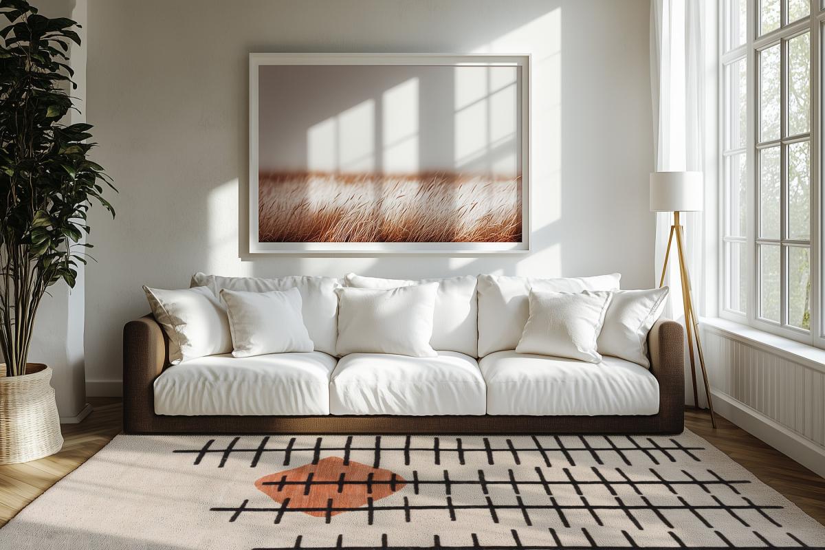 Sala de estar clara com tapete de design moderno em bege com padrão de linhas gráficas e destaque em